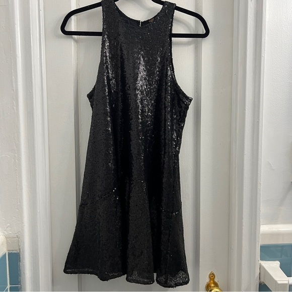 Free People Black Liquid Shine Sequin Mini Sleeveless Dress, Small - Picture 2 of 7
